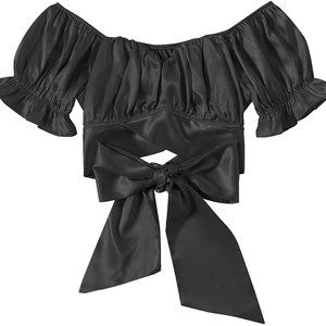 Women's Black Satin Ruffle Short Sleeve Bardot Blouse NWOT